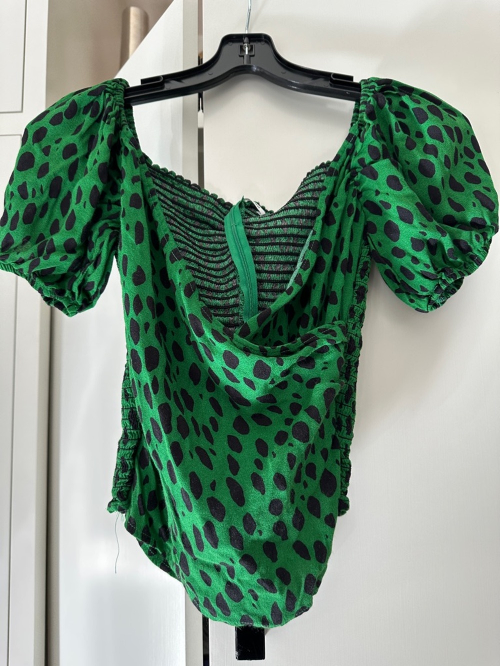 Reformation Green and Black Puff-Sleeve Leopard Blouse